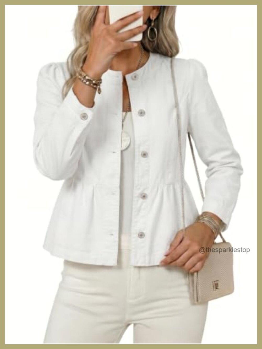 Cropped Jean Jacket Women Button Down Long Sleeve Collarless Cinched Waist